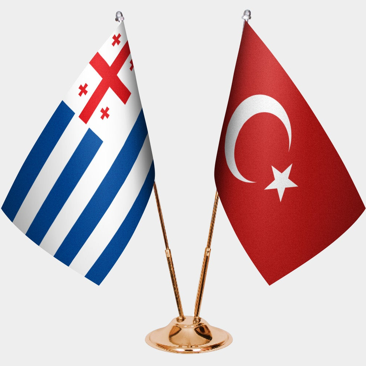 Adjara and Türkiye dual desk flag set with gold pedestal, satin office table flag