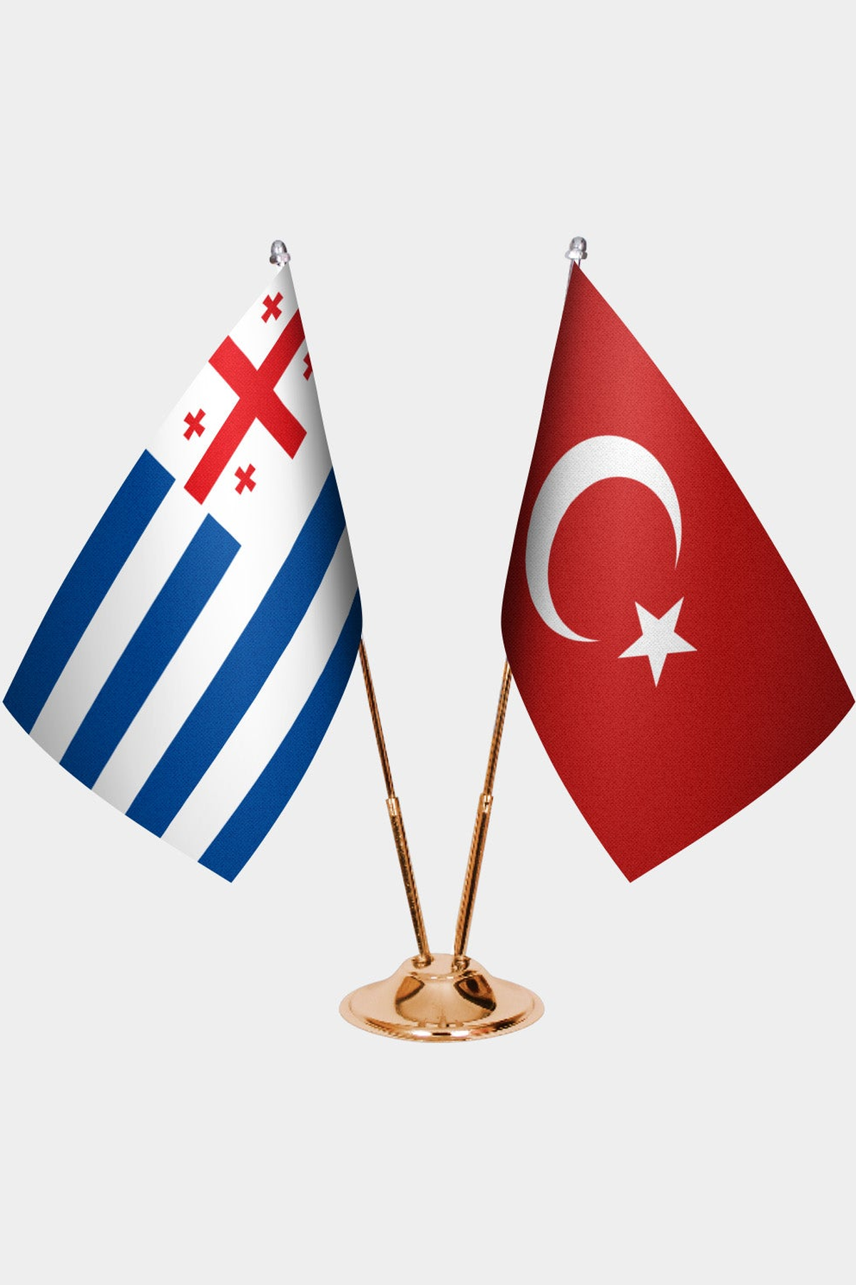 Adjara and Türkiye dual desk flag set with gold pedestal, satin office table flag