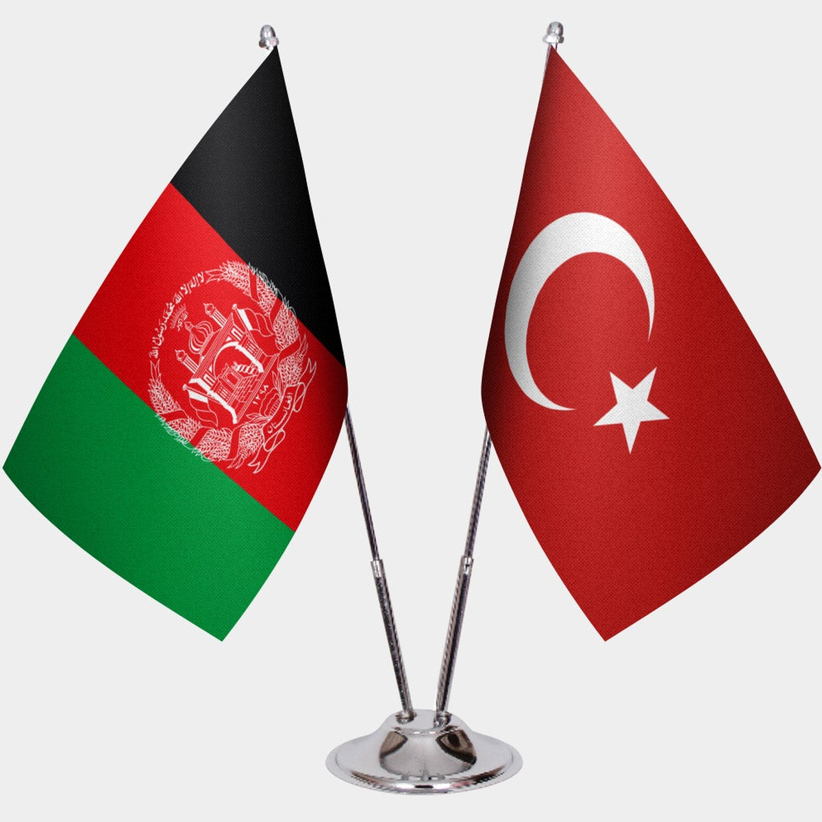 Afghanistan and Türkiye dual desk flag set with chrome silver pedestal, satin office table flag