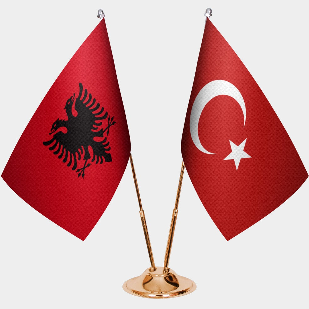 Albania and Türkiye dual desk flag set with gold pedestal, satin office table flag