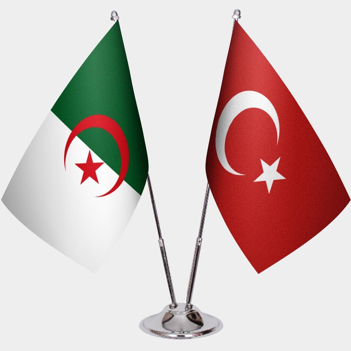 Algeria and Türkiye dual desk flag set with chrome silver pedestal, satin office table flag