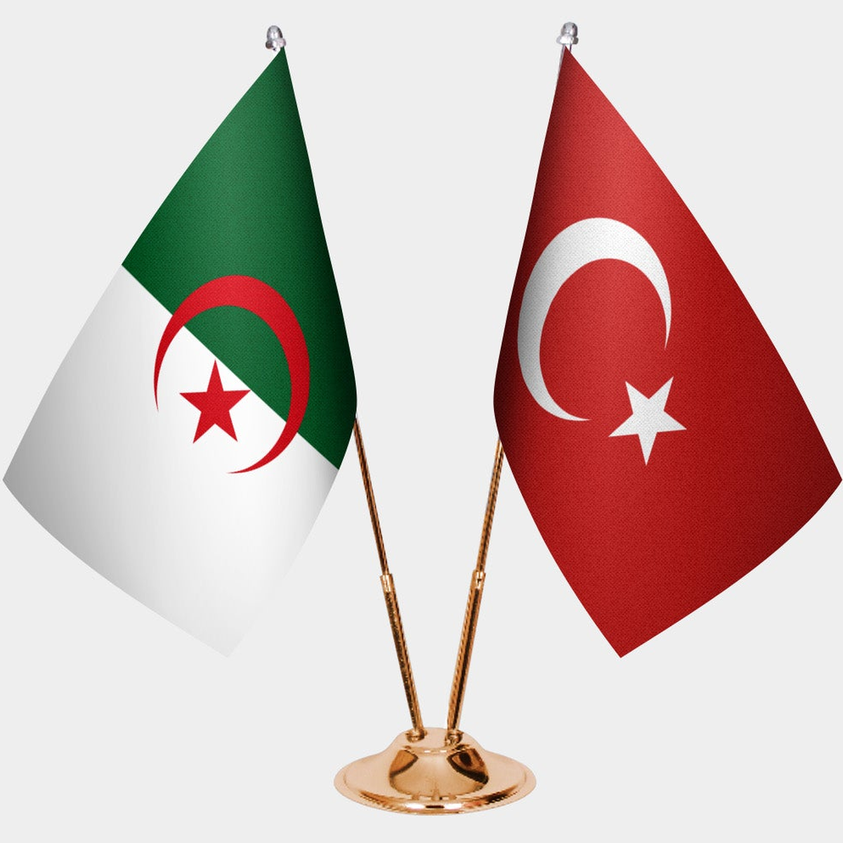 Algeria and Türkiye dual desk flag set with gold pedestal, satin office table flag