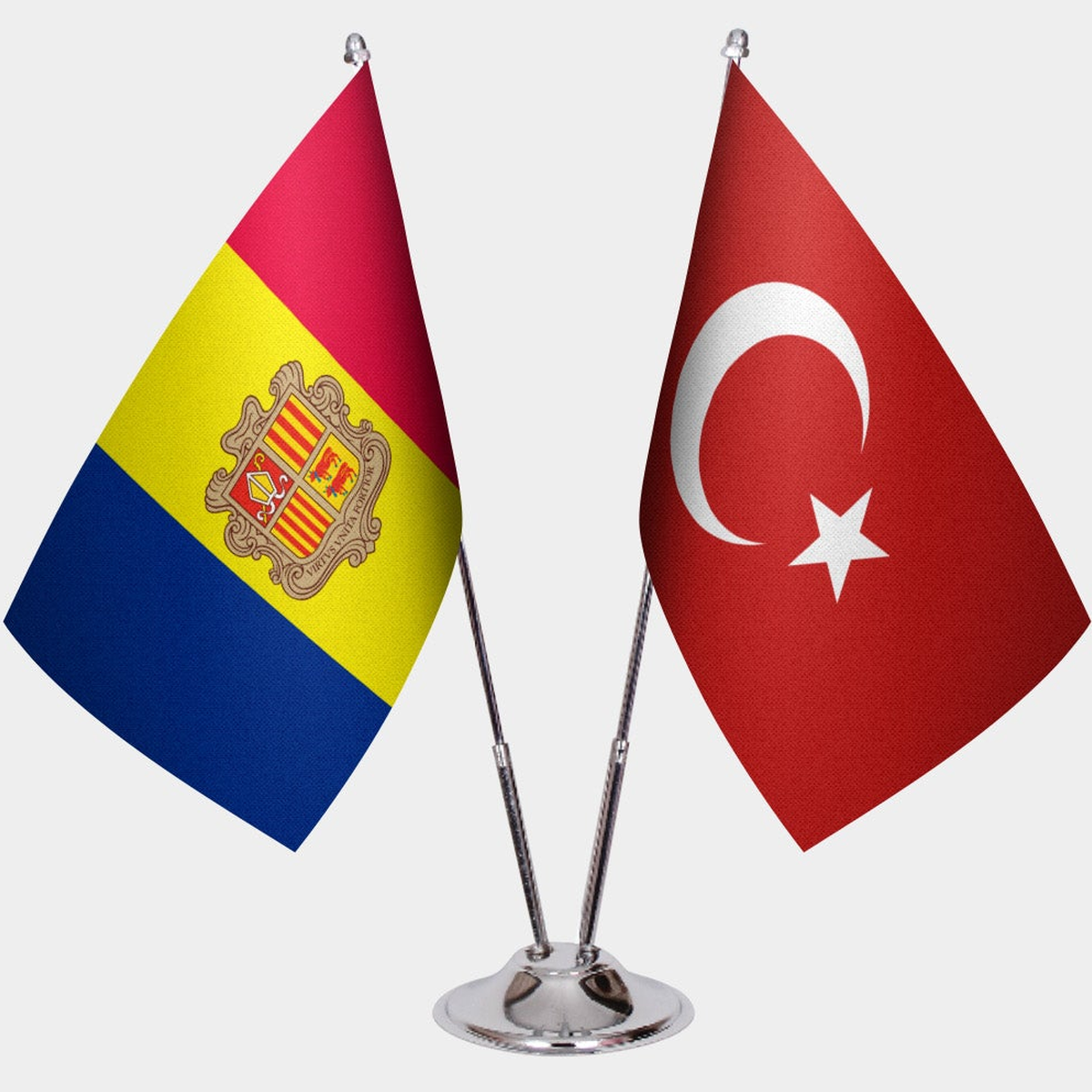 Andorra and Türkiye dual desk flag set with chrome silver pedestal, satin office table flag