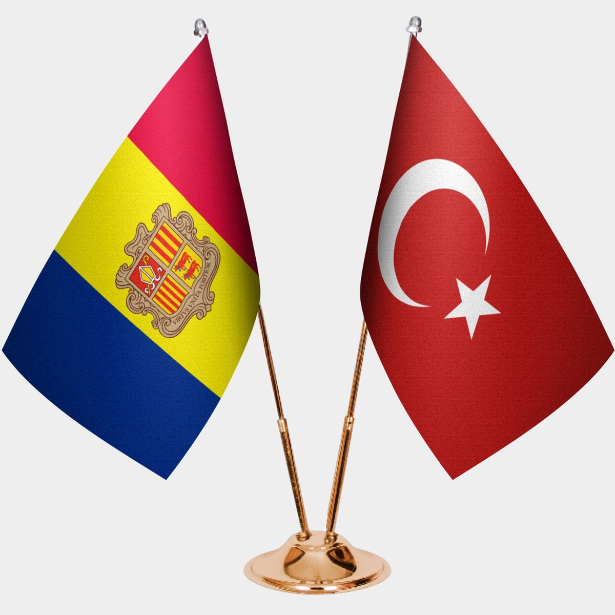 Andorra and Türkiye dual desk flag set with gold pedestal, satin office table flag