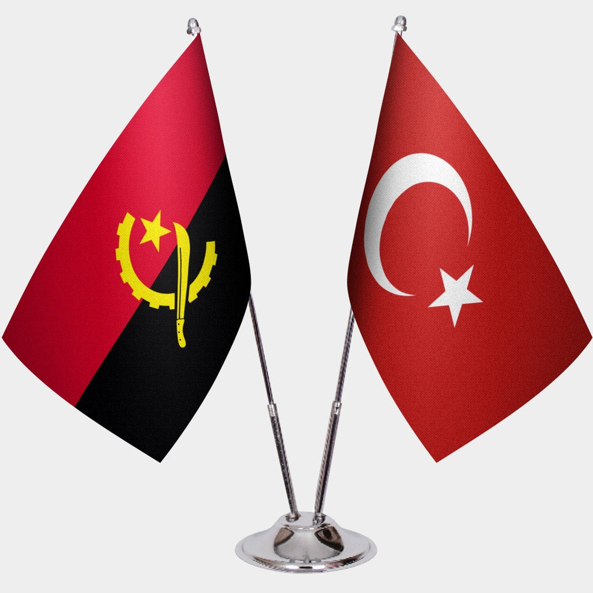 Angola and Türkiye dual desk flag set with chrome silver pedestal, satin office table flag