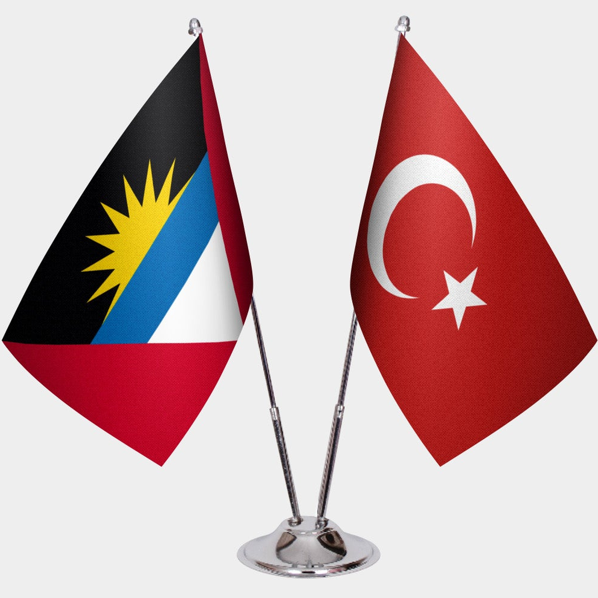 Antigua & Barbuda and Türkiye dual desk flag set with chrome silver pedestal, satin office table flag