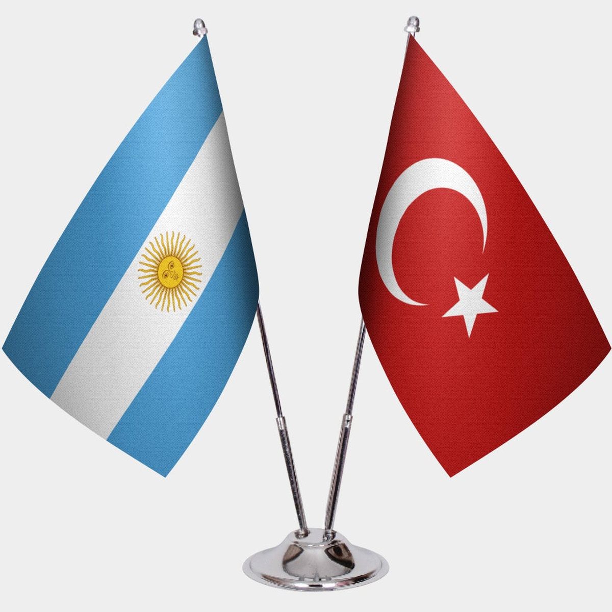 Argentina and Türkiye dual desk flag set with chrome silver pedestal, satin office table flag
