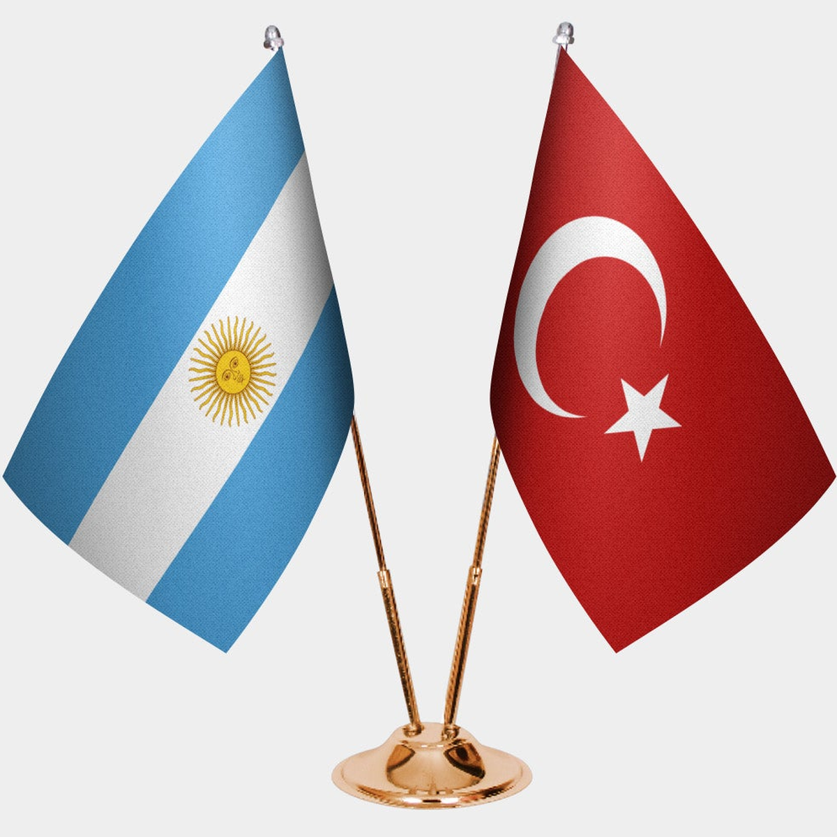Argentina and Türkiye dual desk flag set with gold pedestal, satin office table flag