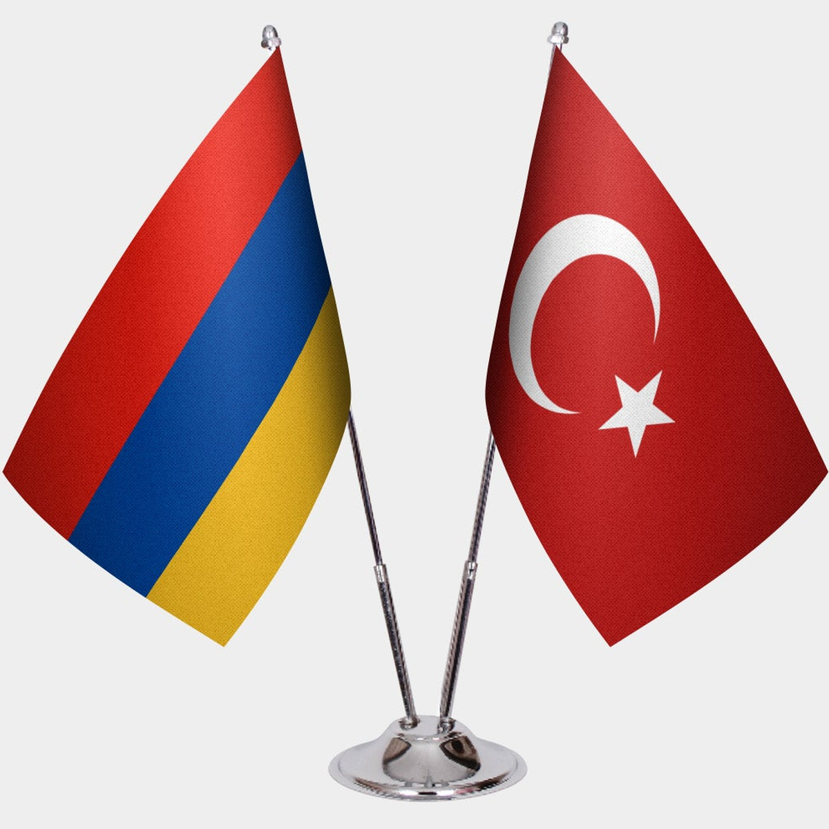 Armenia and Türkiye dual desk flag set with chrome silver pedestal, satin office table flag
