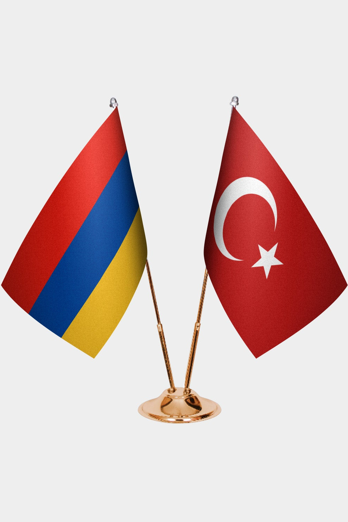 Armenia and Türkiye dual desk flag set with gold pedestal, satin office table flag
