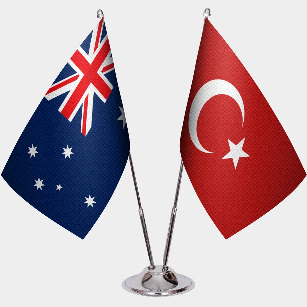 Australia and Türkiye dual desk flag set with chrome silver pedestal, satin office table flag