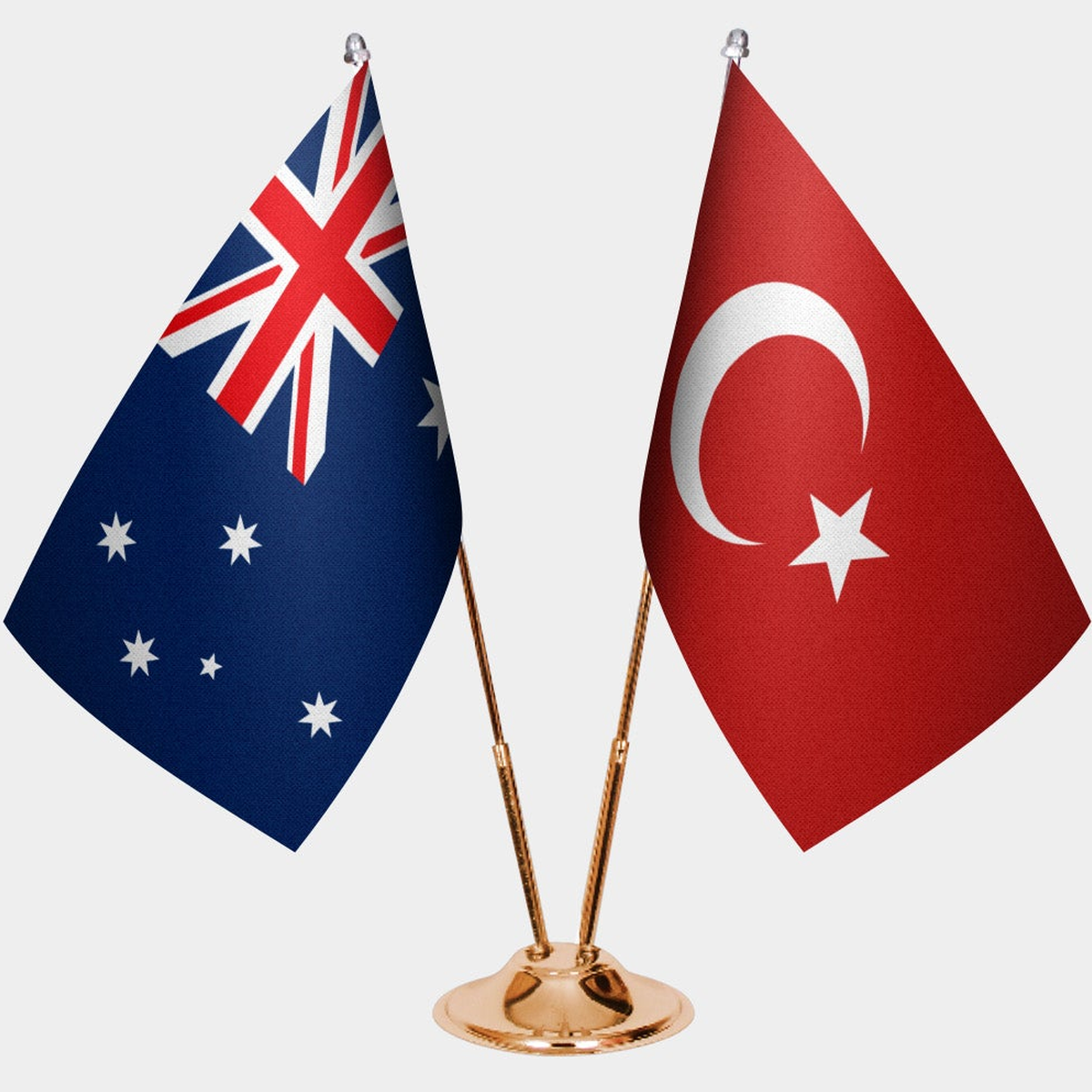 Australia and Türkiye dual desk flag set with gold pedestal, satin office table flag