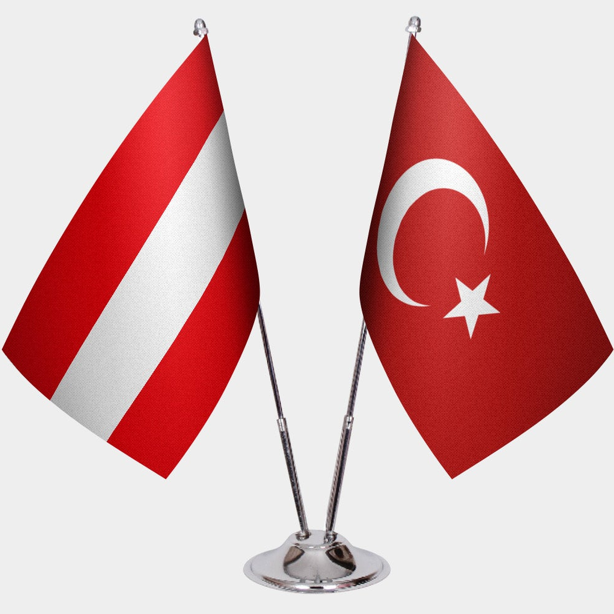 Austria and Türkiye dual desk flag set with chrome silver pedestal, satin office table flag