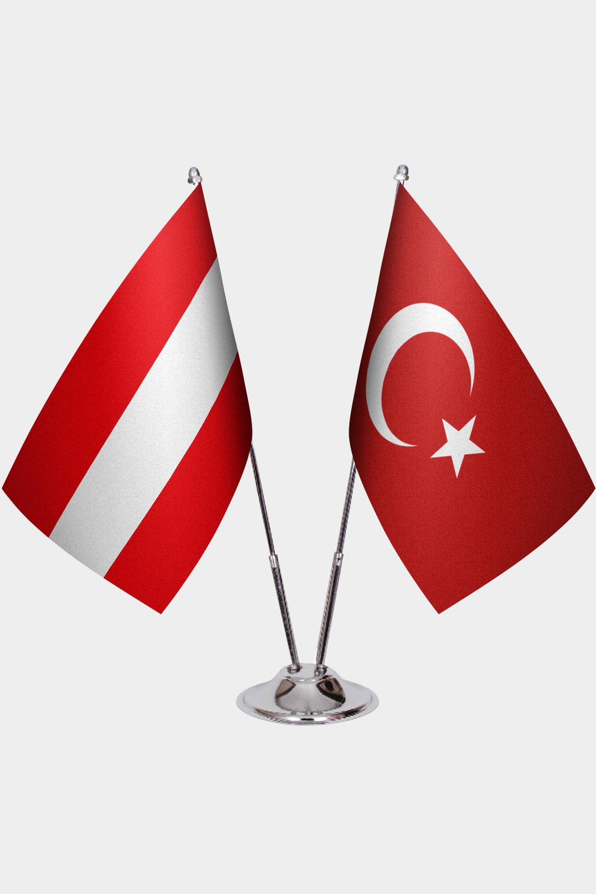 Austria and Türkiye dual desk flag set with chrome silver pedestal, satin office table flag