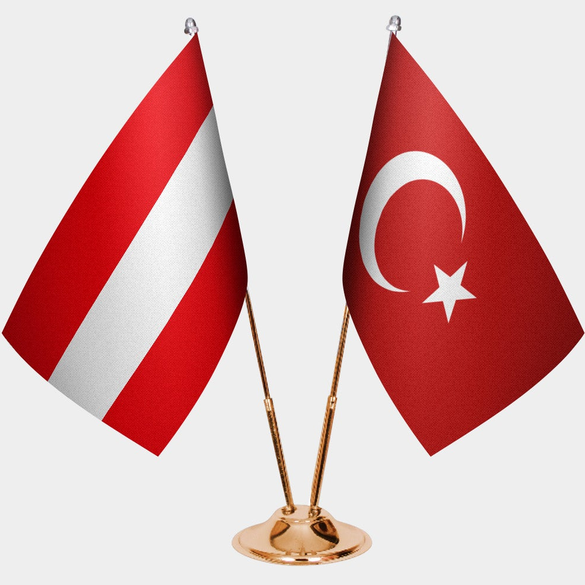 Austria and Türkiye dual desk flag set with gold pedestal, satin office table flag