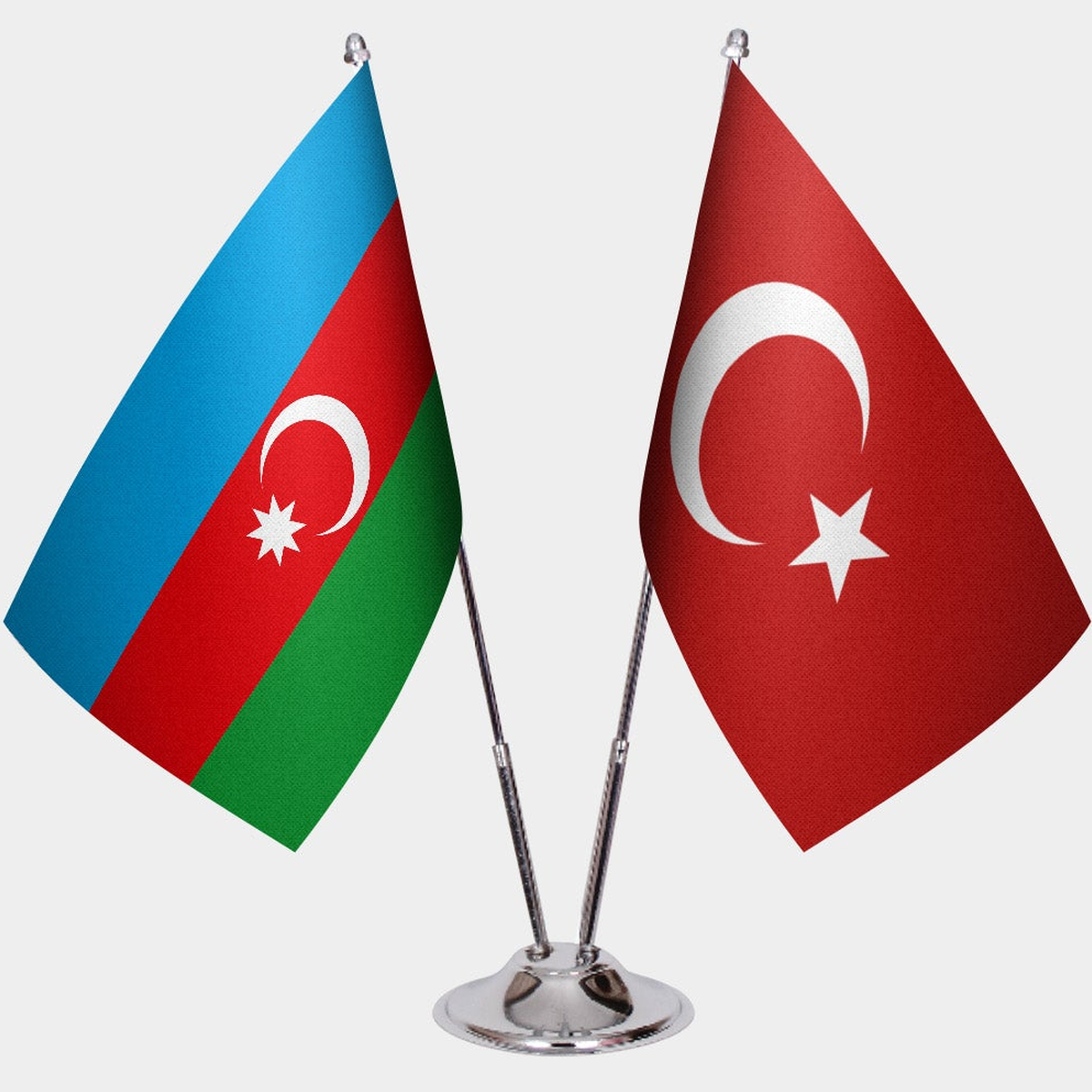 Azerbaijan and Türkiye dual desk flag set with chrome silver pedestal, satin office table flag