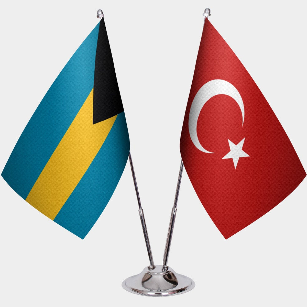 Bahamas and Türkiye dual desk flag set with chrome silver pedestal, satin office table flag