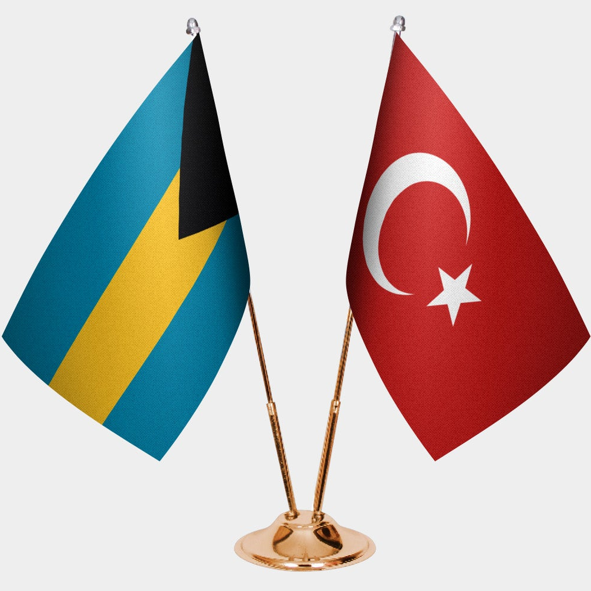 Bahamas and Türkiye dual desk flag set with gold pedestal, satin office table flag
