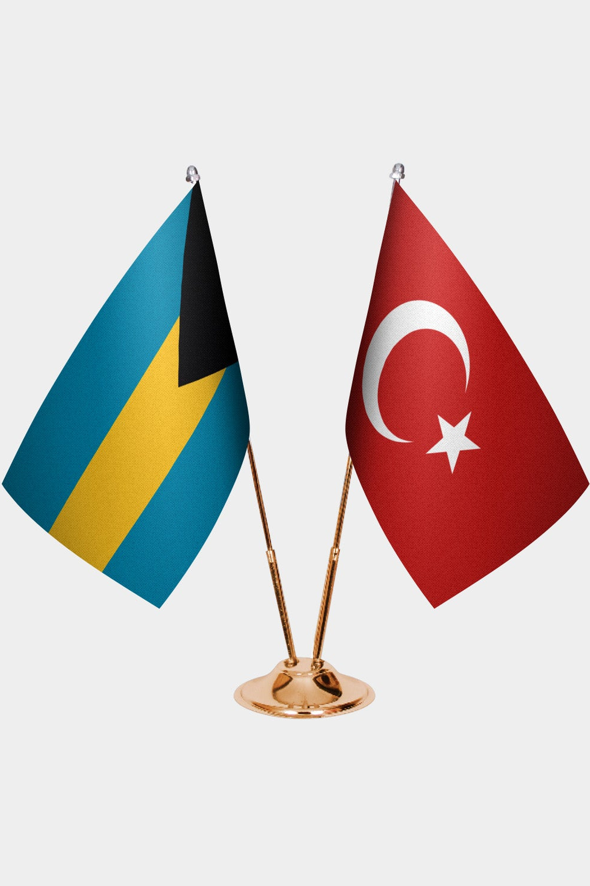 Bahamas and Türkiye dual desk flag set with gold pedestal, satin office table flag