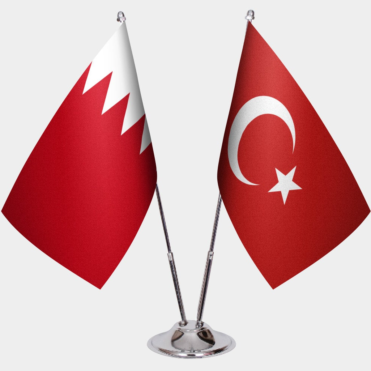Bahrain and Türkiye dual desk flag set with chrome silver pedestal, satin office table flag