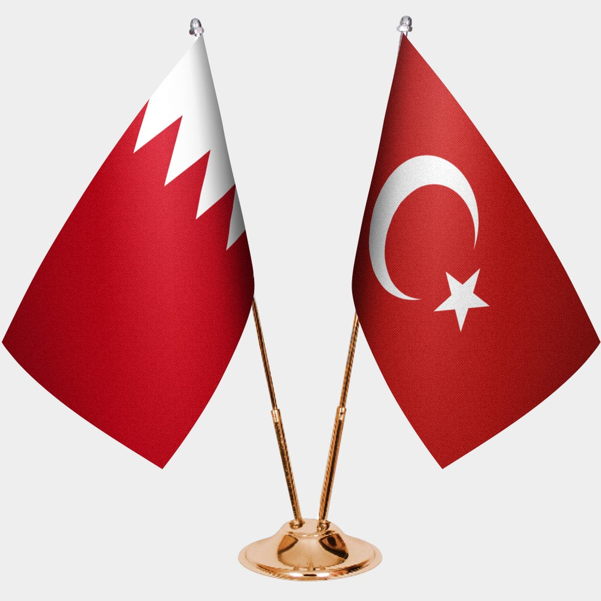 Bahrain and Türkiye dual desk flag set with gold pedestal, satin office table flag