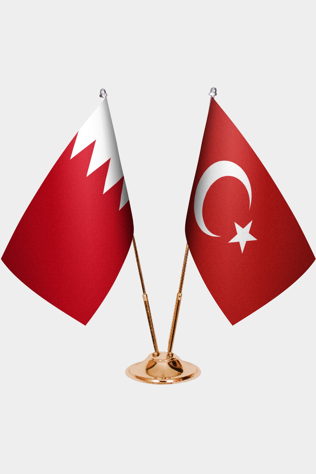 Bahrain and Türkiye dual desk flag set with gold pedestal, satin office table flag