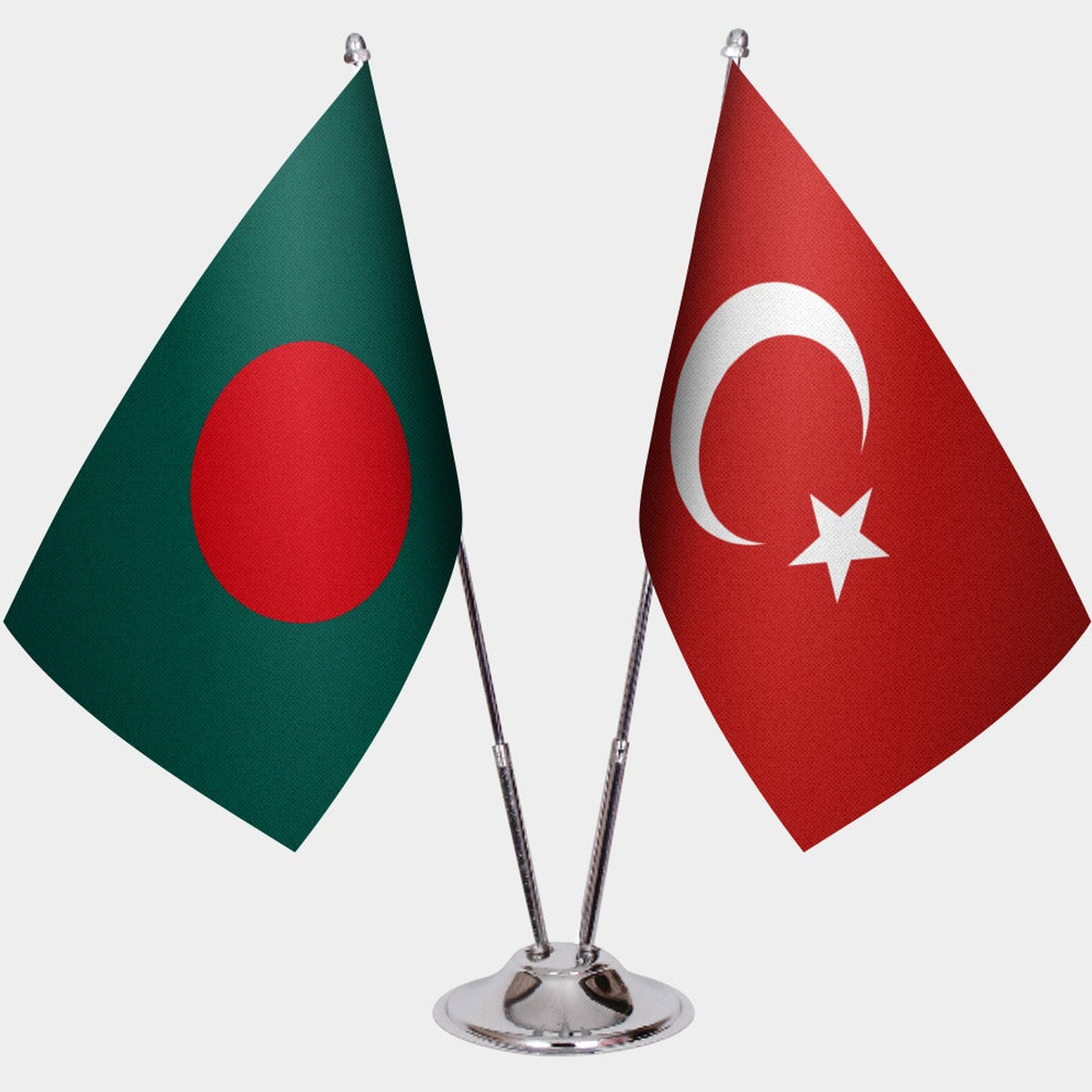 Bangladesh and Türkiye dual desk flag set with chrome silver pedestal, satin office table flag