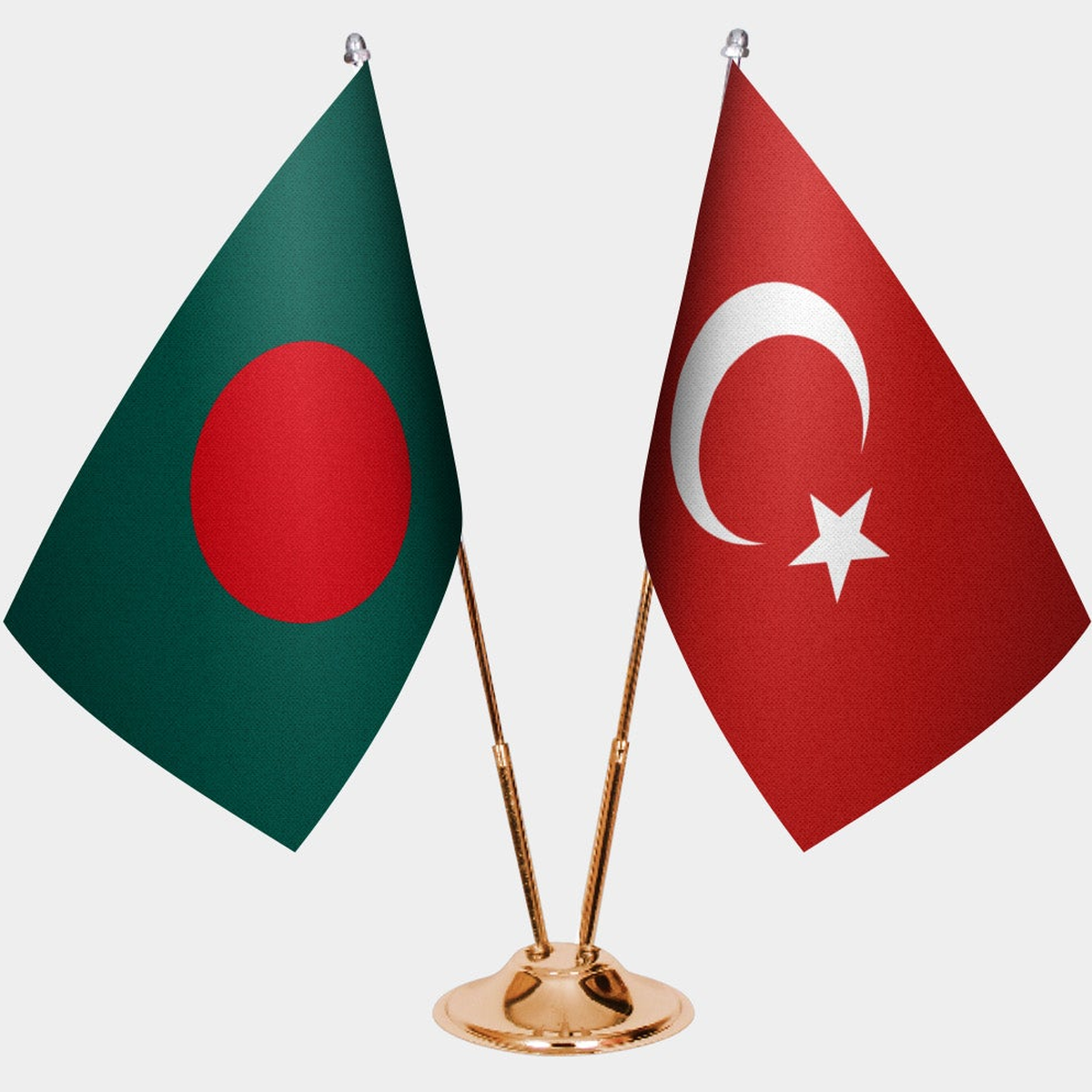 Bangladesh and Türkiye dual desk flag set with gold pedestal, satin office table flag