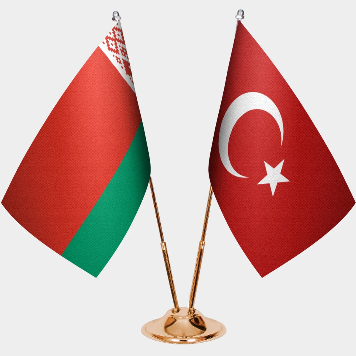 Belarus and Türkiye dual desk flag set with gold pedestal, satin office table flag