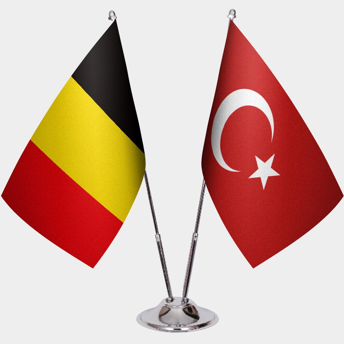 Belgium and Türkiye dual desk flag set with chrome silver pedestal, satin office table flag