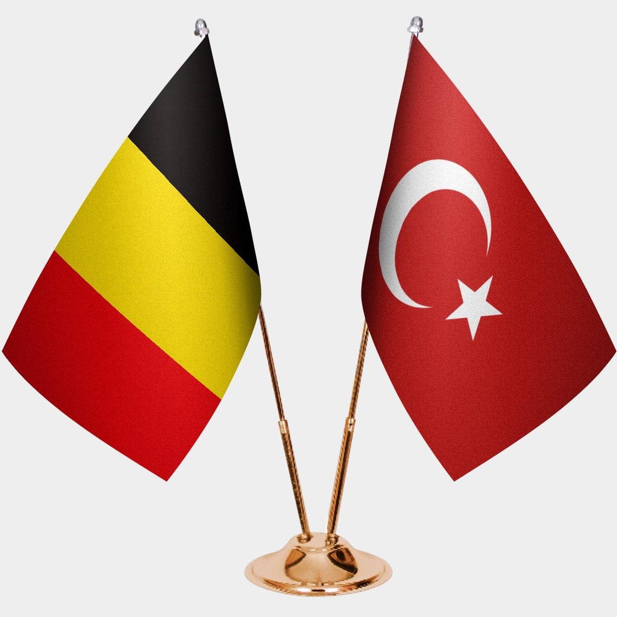Belgium and Türkiye dual desk flag set with gold pedestal, satin office table flag