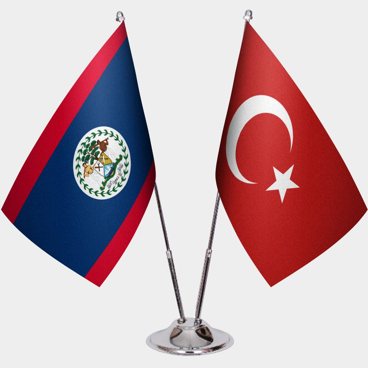 Belize and Türkiye dual desk flag set with chrome silver pedestal, satin office table flag