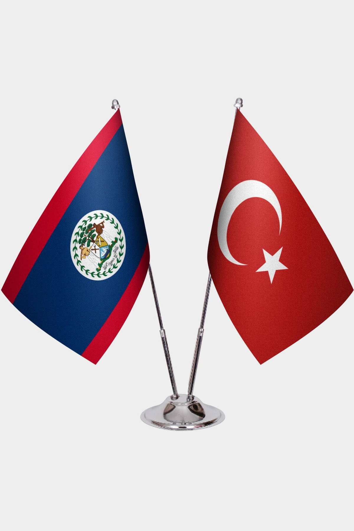 Belize and Türkiye dual desk flag set with chrome silver pedestal, satin office table flag