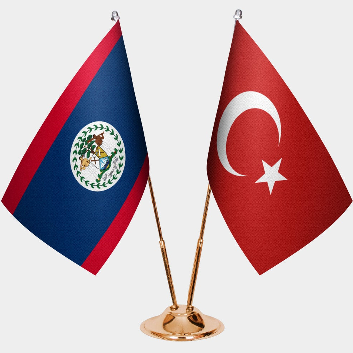 Belize and Türkiye dual desk flag set with gold pedestal, satin office table flag