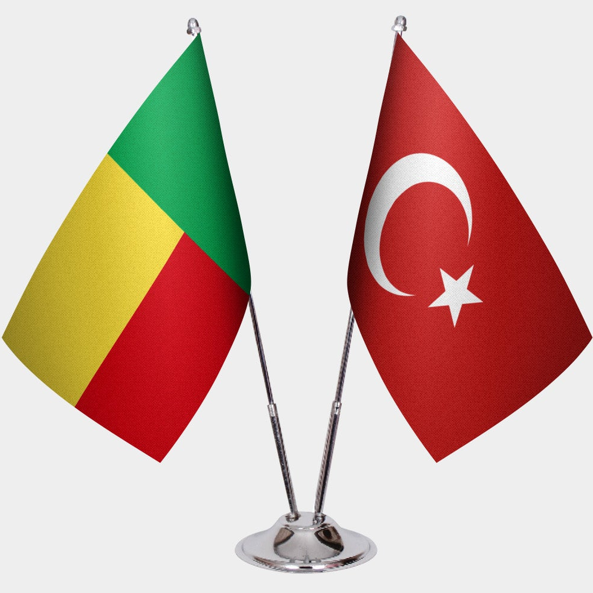 Benin and Türkiye dual desk flag set with chrome silver pedestal, satin office table flag