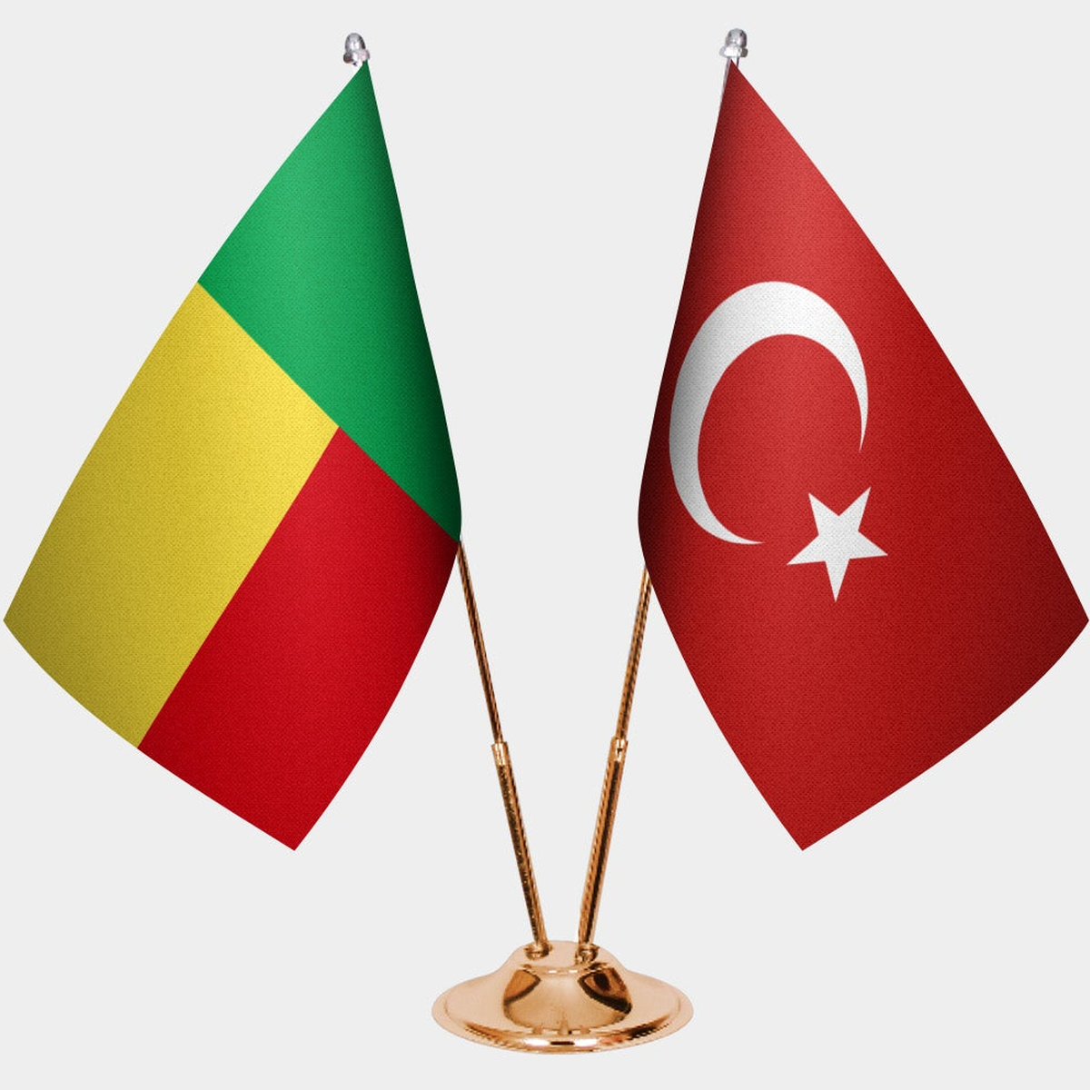 Benin and Türkiye dual desk flag set with gold pedestal, satin office table flag