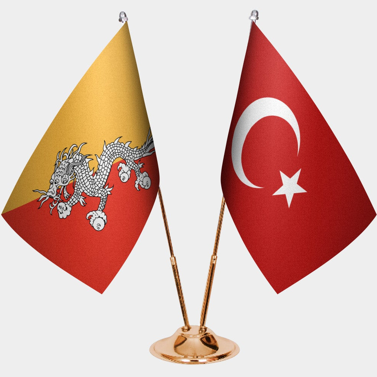 Bhutan and Türkiye dual desk flag set with gold pedestal, satin office table flag