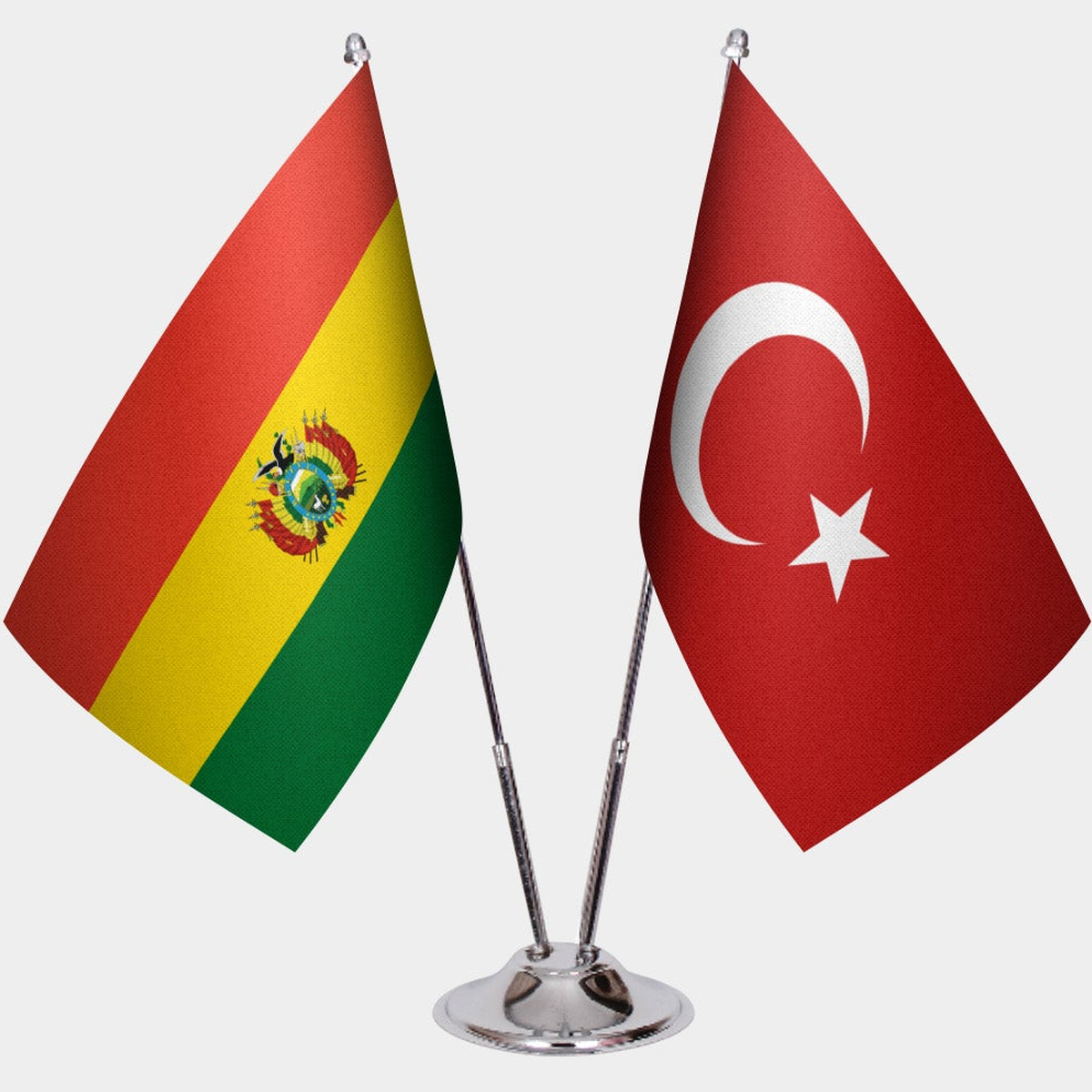 Bolivia and Türkiye dual desk flag set with chrome silver pedestal, satin office table flag
