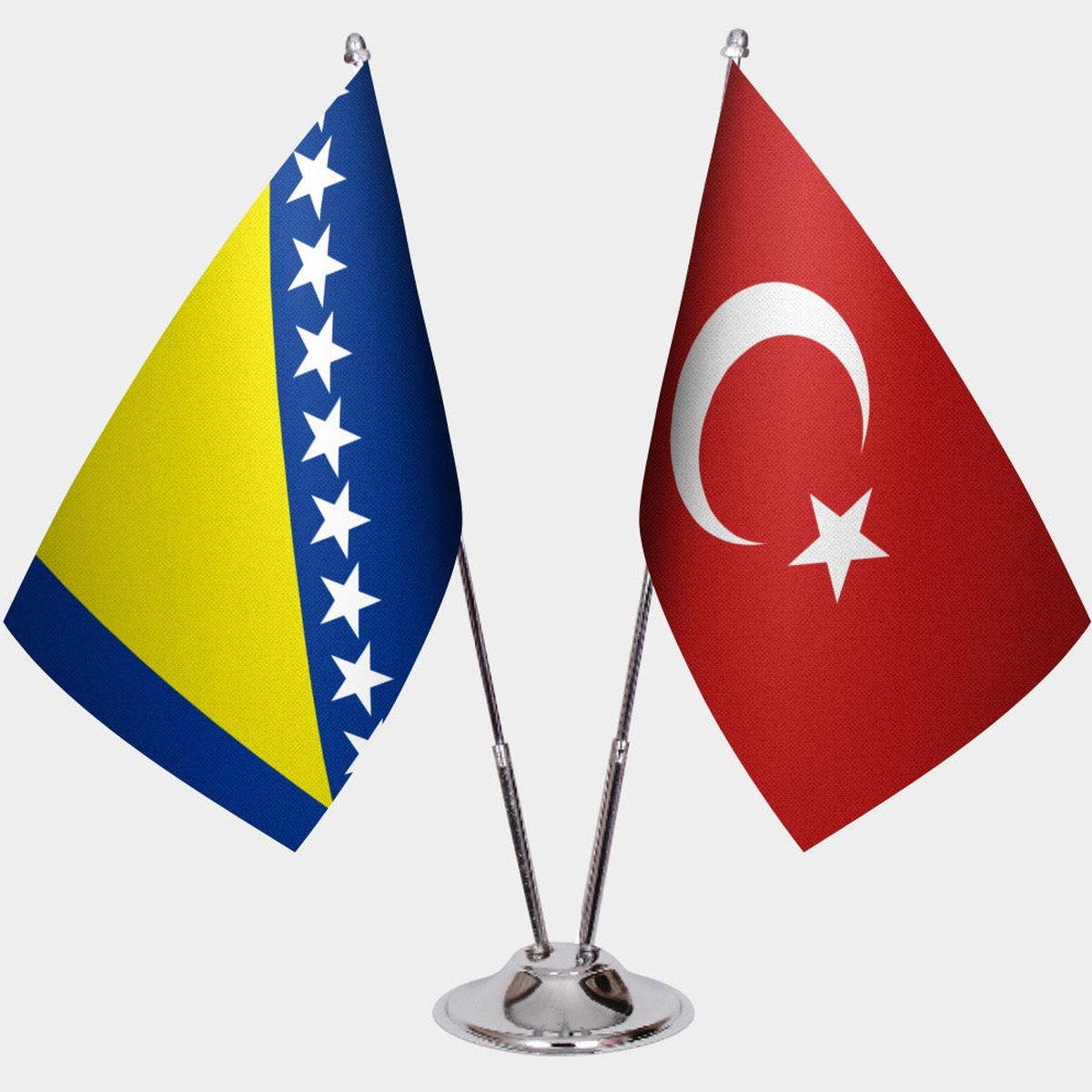 Bosnia and Herzegovina and Türkiye dual desk flag set with chrome silver pedestal, satin office table flag