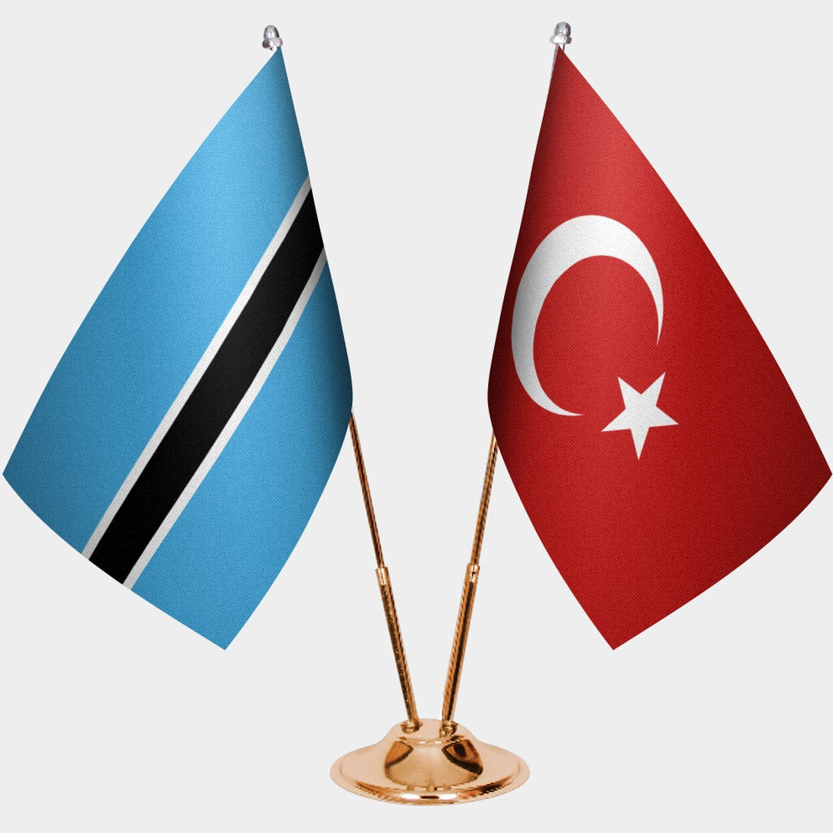 Botswana and Türkiye dual desk flag set with gold pedestal, satin office table flag
