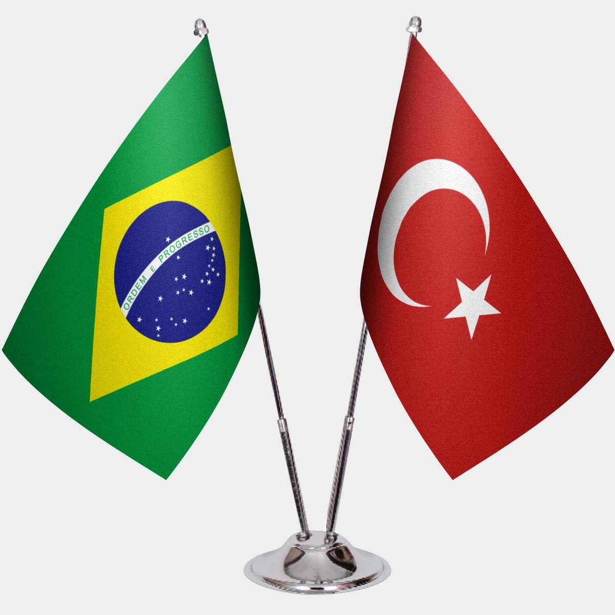 Brazil and Türkiye dual desk flag set with chrome silver pedestal, satin office table flag