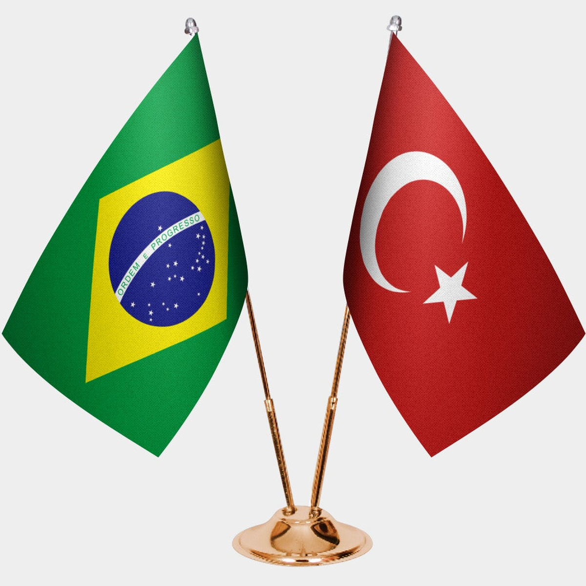 Brazil and Türkiye dual desk flag set with gold pedestal, satin office table flag
