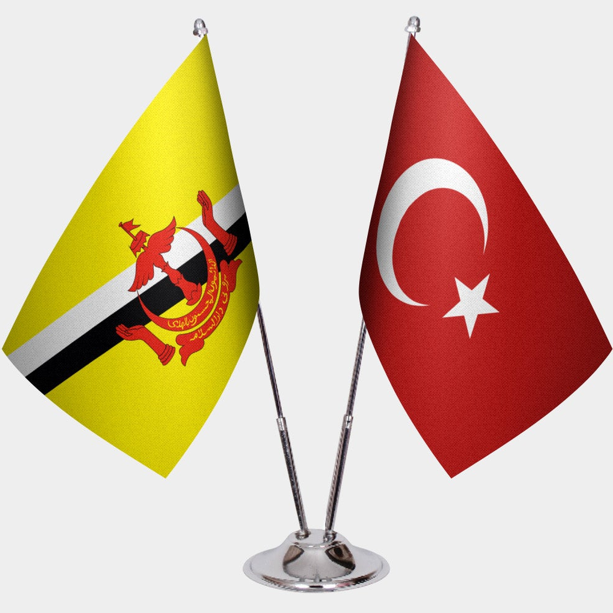 Brunei and Türkiye dual desk flag set with chrome silver pedestal, satin office table flag