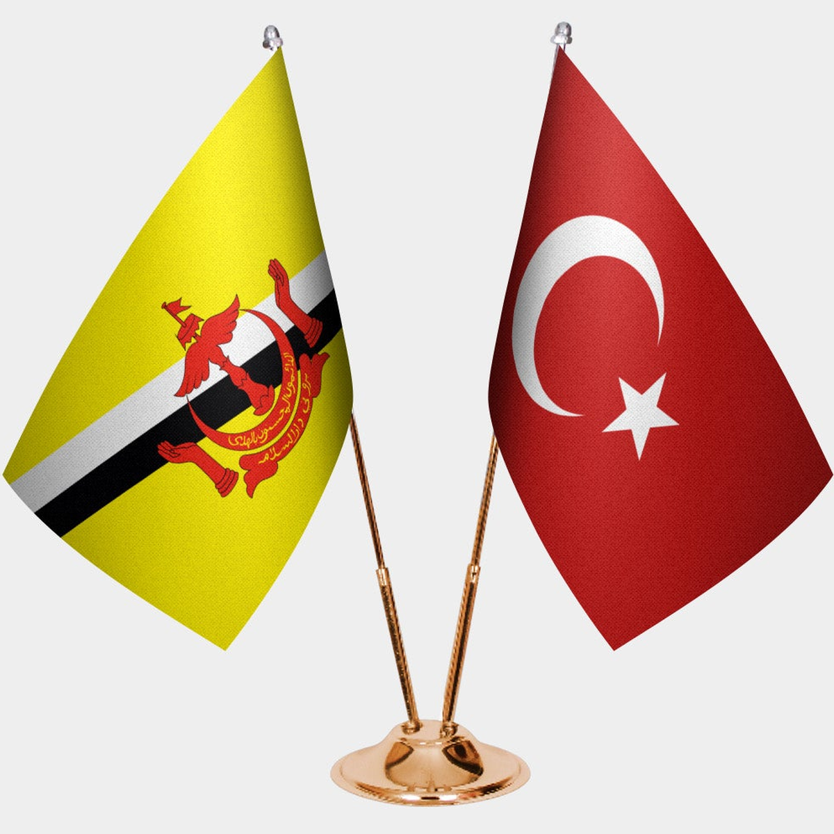 Brunei and Türkiye dual desk flag set with gold pedestal, satin office table flag