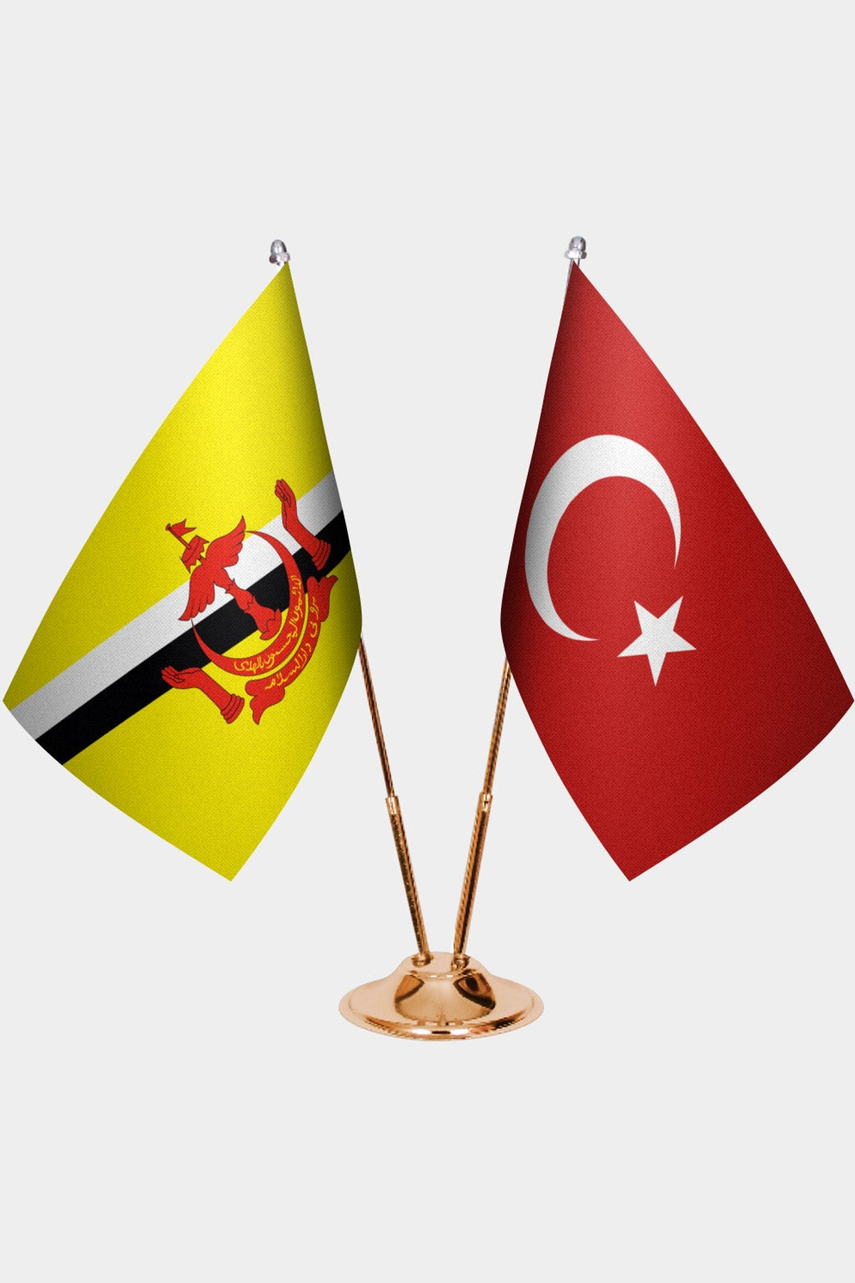 Brunei and Türkiye dual desk flag set with gold pedestal, satin office table flag