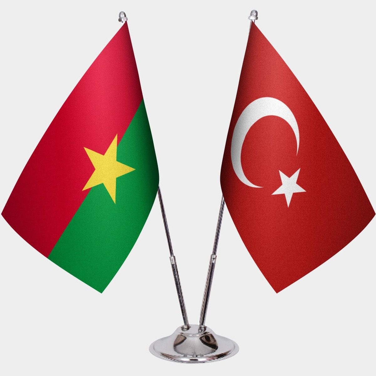 Burkina Faso and Türkiye dual desk flag set with chrome silver pedestal, satin office table flag
