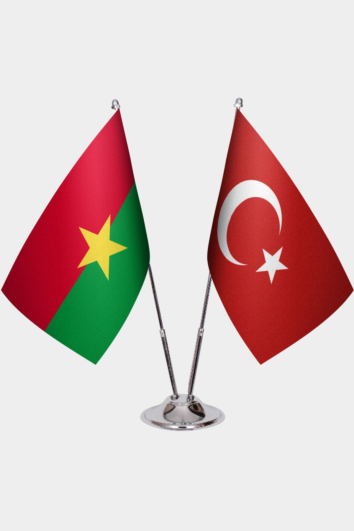 Burkina Faso and Türkiye dual desk flag set with chrome silver pedestal, satin office table flag