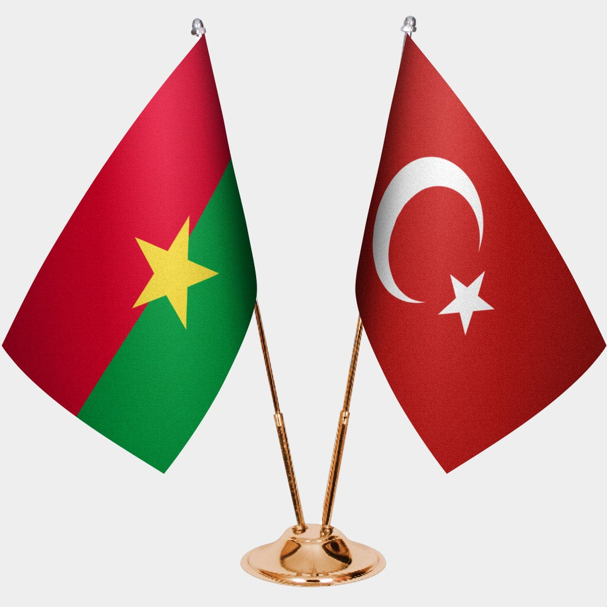 Burkina Faso and Türkiye dual desk flag set with gold pedestal, satin office table flag