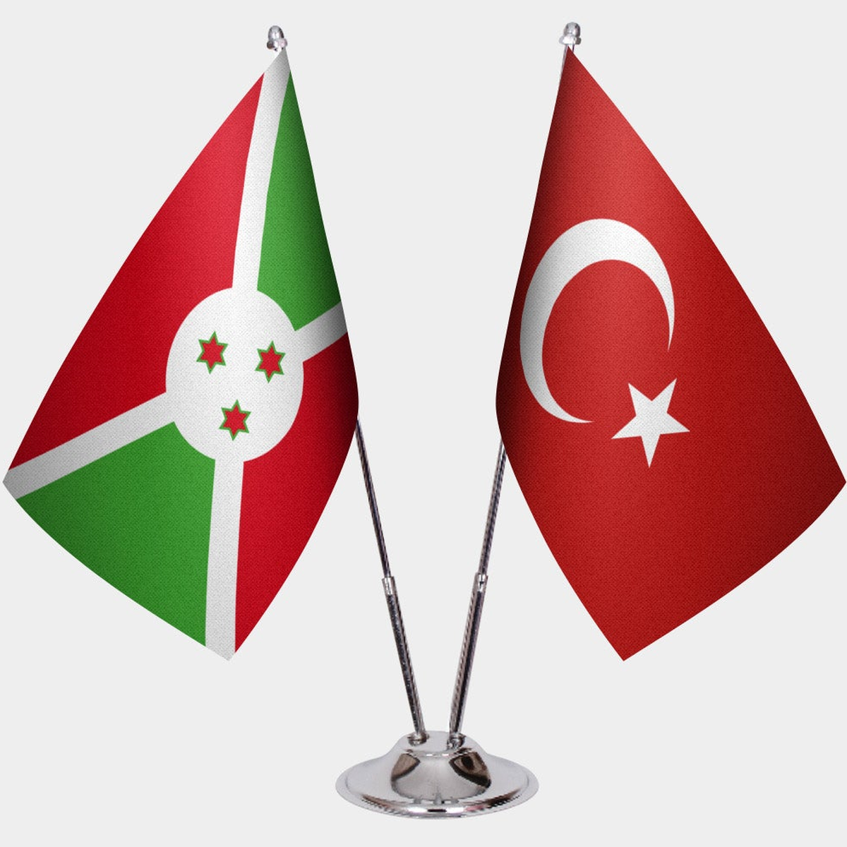 Burundi and Türkiye dual desk flag set with chrome silver pedestal, satin office table flag