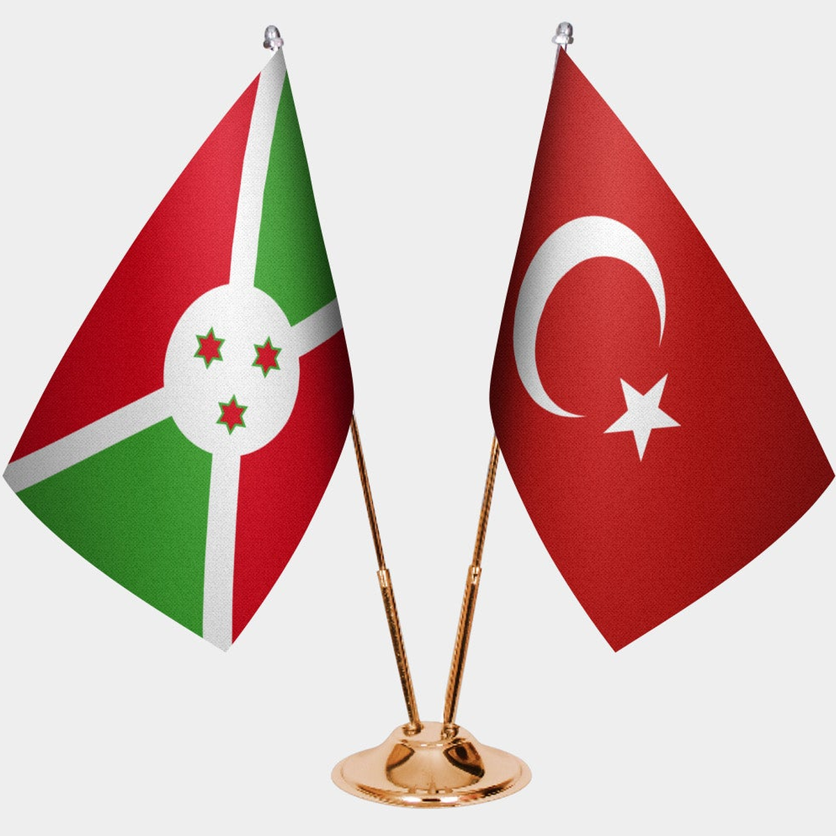 Burundi and Türkiye dual desk flag set with gold pedestal, satin office table flag